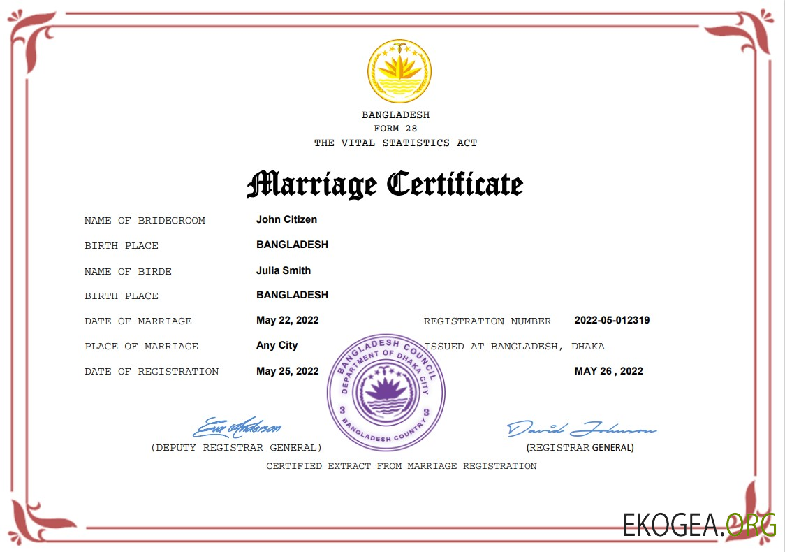 Modèle Word et PDF de certificat de mariage au Bangladesh